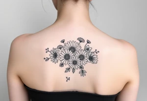 Honeysuckle, marigold, chrysanthemum, and violet bouquet tattoo idea