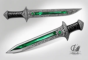 An athame dagger with the hilt turned upward and an emerald gemstone on the hilt not on the blade tattoo idea