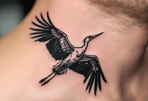 Stork silhouette flying above "Karolína – 9.9.2019 v 14:10", inked in subtle muted tones. tattoo idea