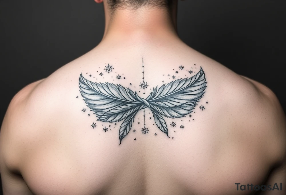 infinity symbol woven with floating feathers and stardust tattoo idea