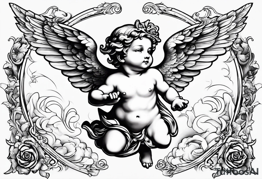 Flying Cherub renaissance style tattoo idea