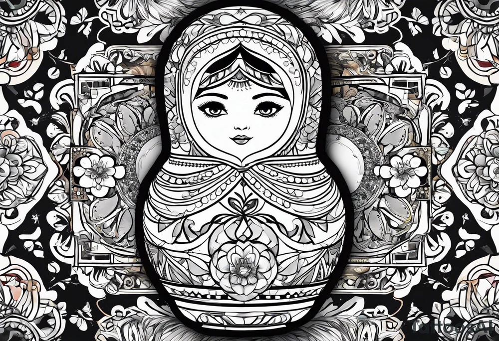 Matryoshka with geometric design,  with large pattern around it tattoo idea