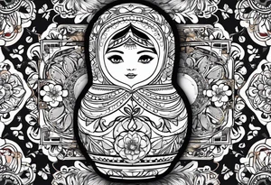 Matryoshka with geometric design,  with large pattern around it tattoo idea