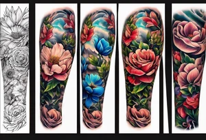 Hour glass sleeve with flowers tattoo idea