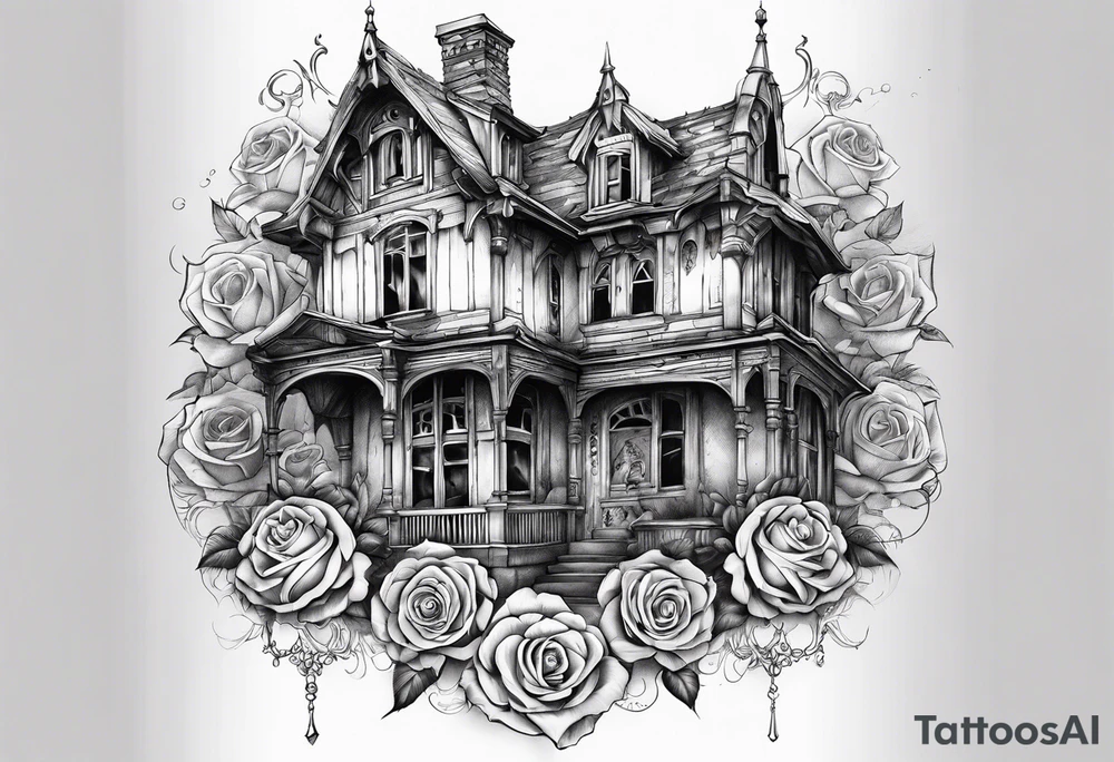 fool sleeve,, abandoned old gotic house, broken sword, roses, tattoo idea