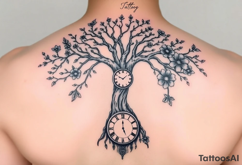 tree of life with cosmic roots and celestial branches, clock, flowers, tattoo idea
