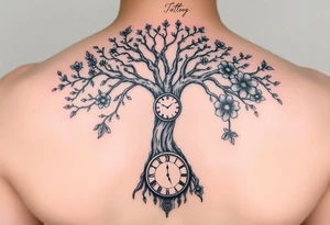 tree of life with cosmic roots and celestial branches, clock, flowers, tattoo idea