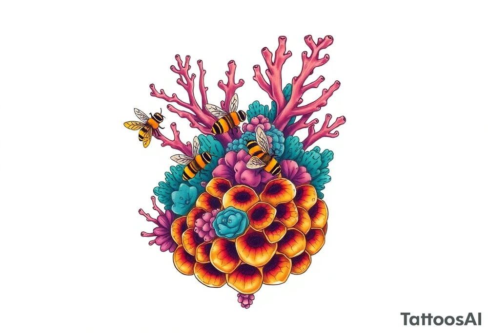 Coral reef scene with honey bees swimming on honey comb tattoo idea