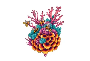 Coral reef scene with honey bees swimming on honey comb tattoo idea