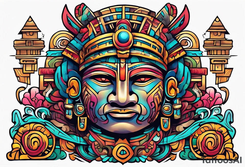 Colorful Mayan god hieroglyph tattoo idea