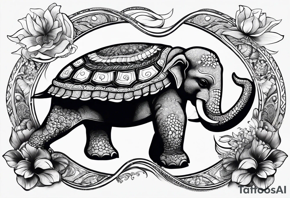 Sea turtle with 4 elephants on its shell holding the world tattoo idea