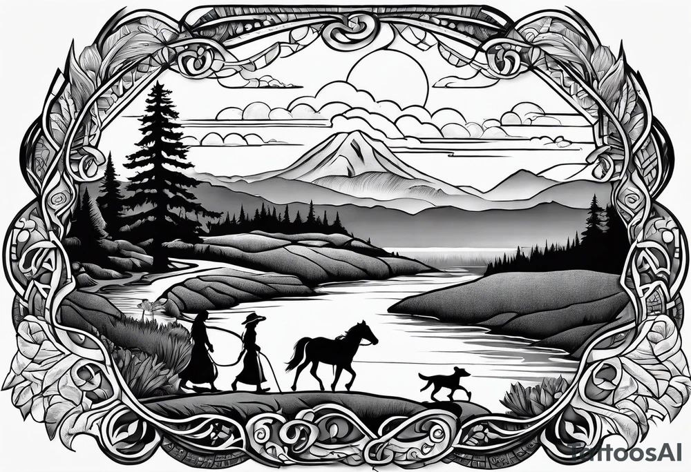 A shadow of a family of four walking through the Pacific northwest landscape. Faith centered and add Mexican culture .  Shoulder Tattoo tattoo idea