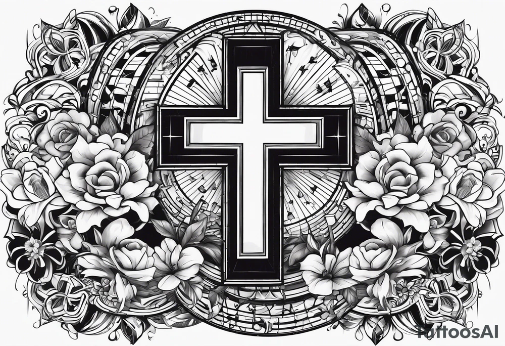 A tattoo to draw on my right arm with a mix with the cross of Jesus and with some things symbolizing my wife, my daughter, my 2 dogs, some musical elements about keyboards and pianos too and some elements that remember Brazil and the USA tattoo idea
