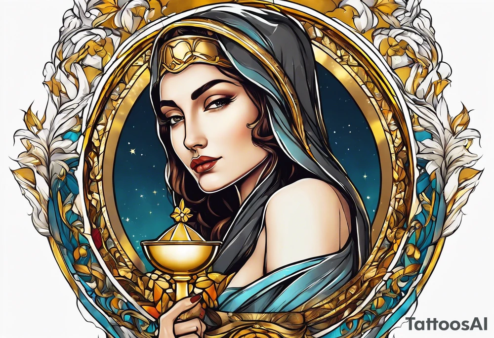 holy saint woman turned away with golden halo holding a chalice tattoo idea