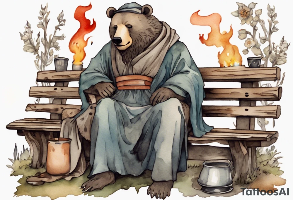 a medieval bear-human hybrid with a long grey beard wearing a tunic and a floppy hat sitting on a bench by a fire drinking from a wood cup tattoo idea