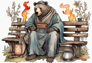 a medieval bear-human hybrid with a long grey beard wearing a tunic and a floppy hat sitting on a bench by a fire drinking from a wood cup tattoo idea