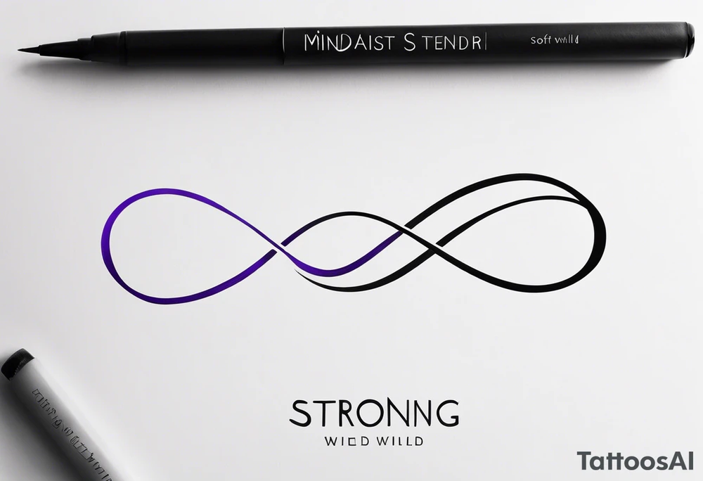 text “Strong. Soft. Wild.”, within infinity symbol, something to symbolize 4 kids, purple tattoo idea