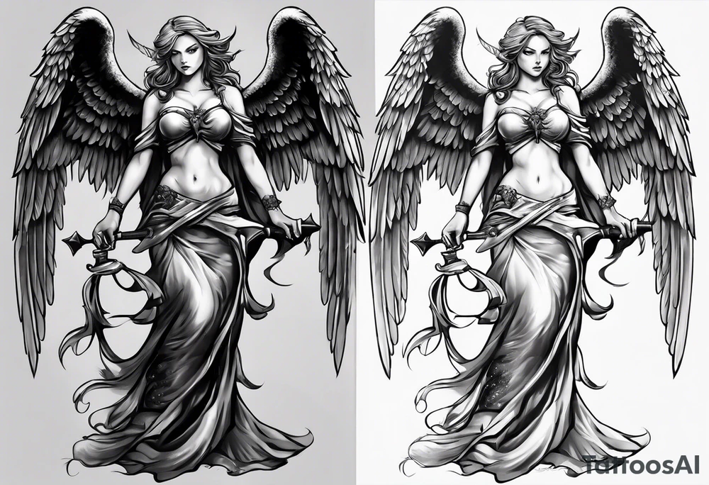 angry angel standing tattoo idea