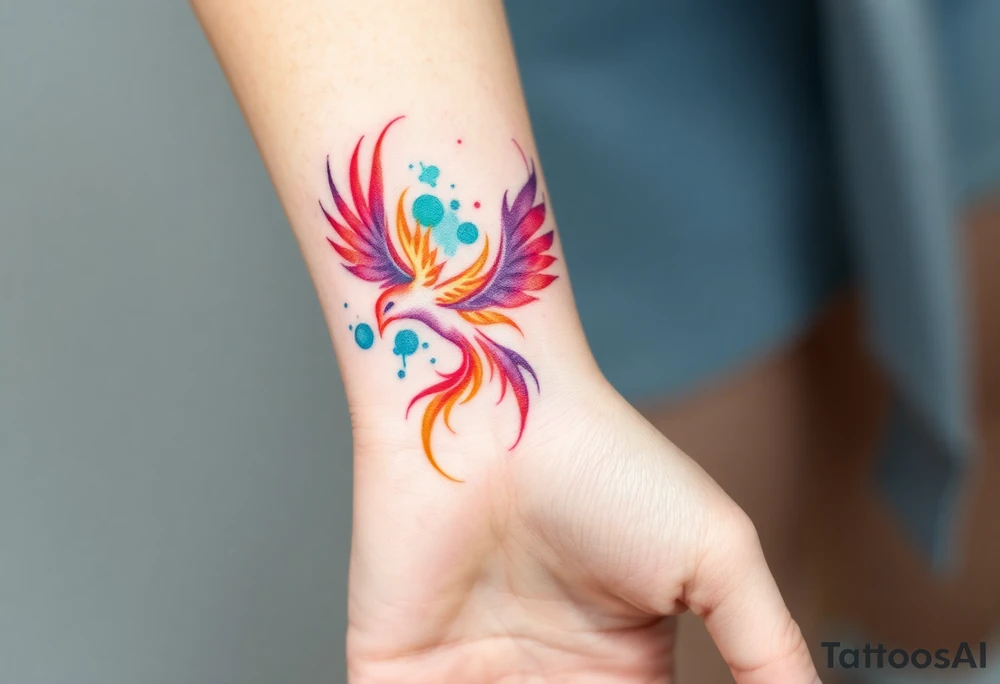 Phoenix with blazing flames with purple, orange, teal and green splashes tattoo idea