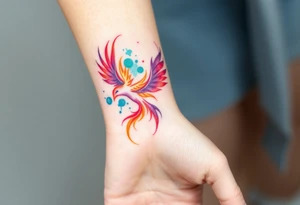 Phoenix with blazing flames with purple, orange, teal and green splashes tattoo idea