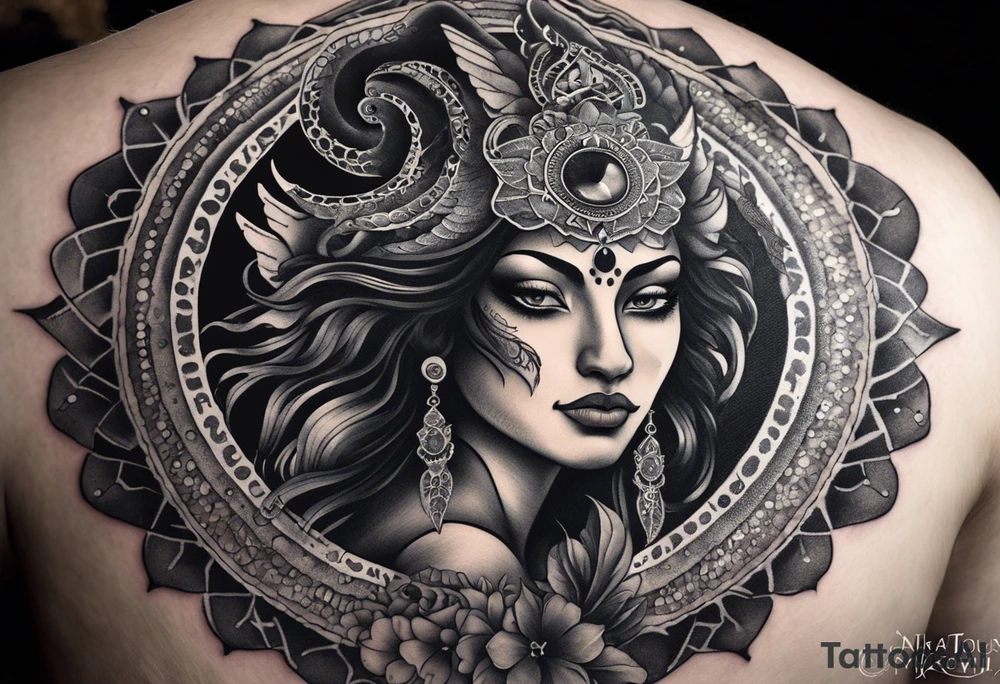 black kali, goddess pirate, alien, angel, pachamama, valkrye, warrior, flying, skull, lotus azul, wing, eagle, zenza resonance, stars, 5D, anahata chakra, death, durga, riding on a tiger, flying lady, kundalini, chest tatoo, samuri, rebel, serpent tattoo idea