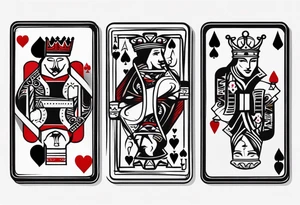 one combined tatto in minimalistic style with icon style three king of spades and icon style one queen of hearts. extreme minimalstic and few lines. much more minimalistic and fewer lines tattoo idea