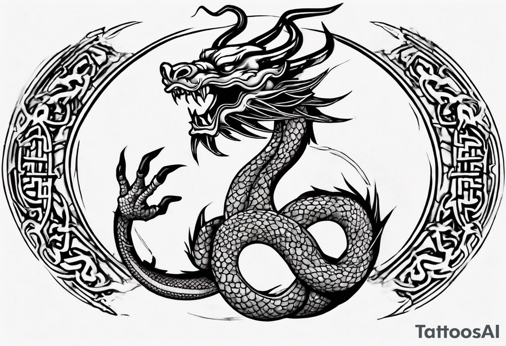 Chinese dragon in a circular shape with "02.03" written on its skin tattoo idea