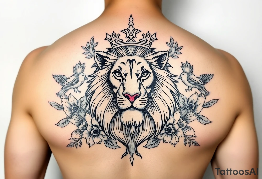 powerful majestic lion with a crown, surrounded by floral ornaments and birds tattoo idea