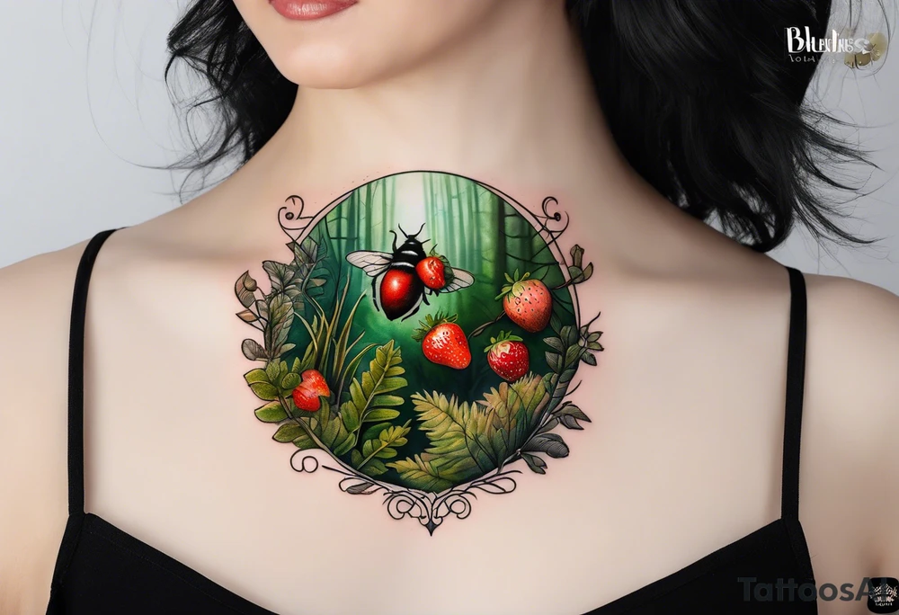 a delicate coloured realistic forest floor inspired tattoo, which must include: grass, ferns, small strawberries, a small flying bumblebee, dead leaves tattoo idea