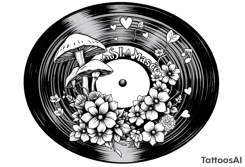 vinyl record with mushrooms, flowers, hearts, and music notes tattoo idea