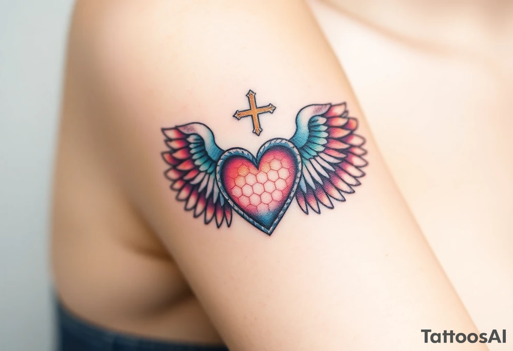 dainty catholic sacred heart with angel wings tattoo idea