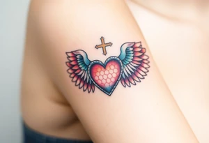 dainty catholic sacred heart with angel wings tattoo idea