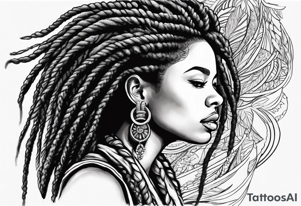 Draw a women head with real dread locks flying in the air, tattoo idea