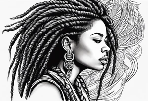Draw a women head with real dread locks flying in the air, tattoo idea