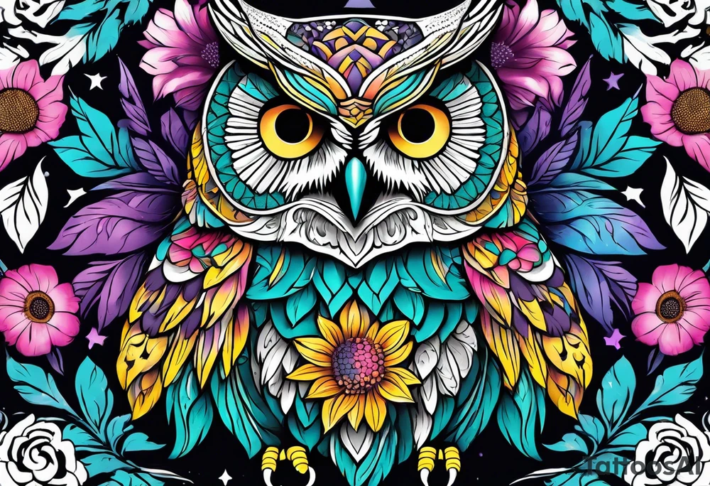 Sleeve with teal, pink and purple owl and yellow sunflowers tattoo idea
