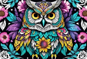 Sleeve with teal, pink and purple owl and yellow sunflowers tattoo idea
