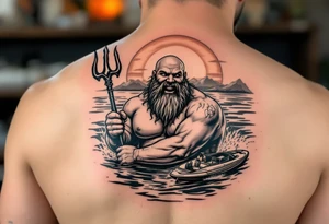 young, happy, fat, balding, poseidon in calm water, holding a trident, drinking a beer, with sunset, with ski boat, with no teeth tattoo idea