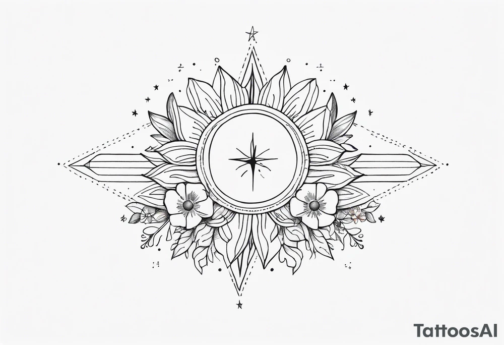 fine line with sun, stars, floral, dots. Sternum tattoo tattoo idea