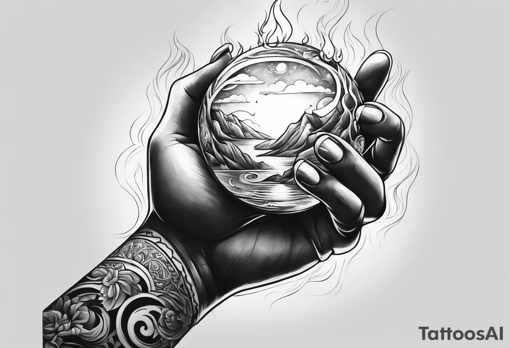 A hand holding a ball of fire tattoo idea