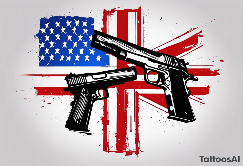 Distressed American flag behind a cross with 2 guns leaned on it simpler tattoo idea