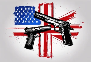 Distressed American flag behind a cross with 2 guns leaned on it simpler tattoo idea