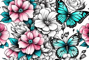 Female arm sleeve with pink, white, and teal flowers and butterflies tattoo idea