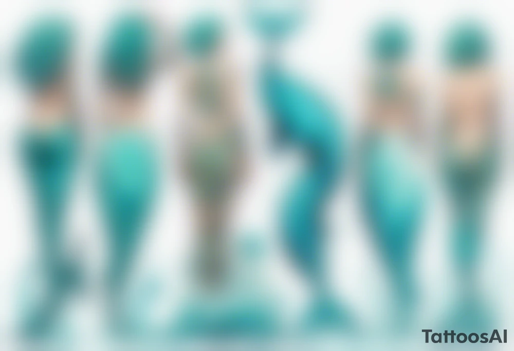 a tall woman made of water with turquoise hair standing on the back of a whale tattoo idea