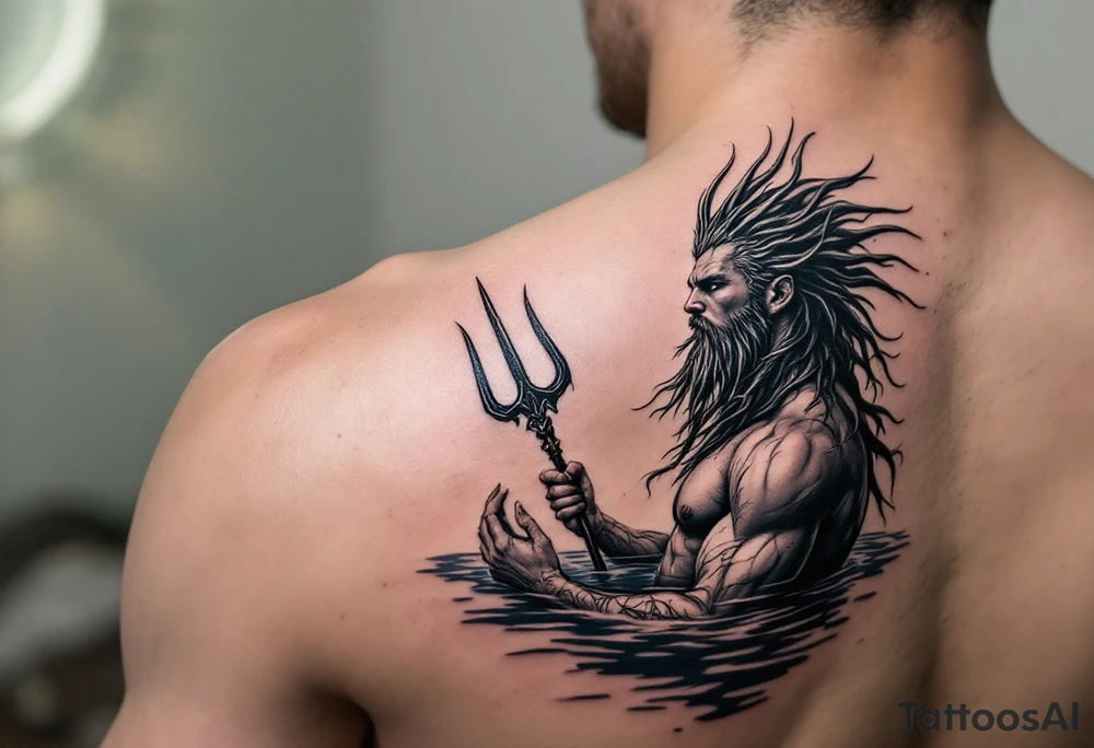 fit young poseidon, with trident, in calm water, looking at the sky tattoo idea