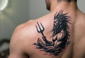fit young poseidon, with trident, in calm water, looking at the sky tattoo idea