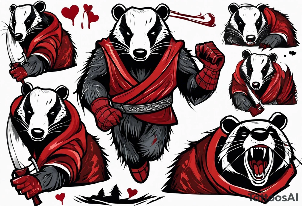 Draw me psychopath badger/Warrior with aggressive full body, killer face with a smile, very long nails and he attacks like a Bloody Warrior to us and also, he has very deadly looking. He fights with his nails. Everybody scares after their first sight. Give me horror type Badger Tattoo. I want to see his full body. tattoo idea