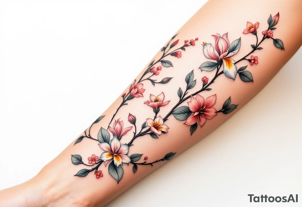 Irises flowers and cherry blossom on a fan forearm tattoo idea