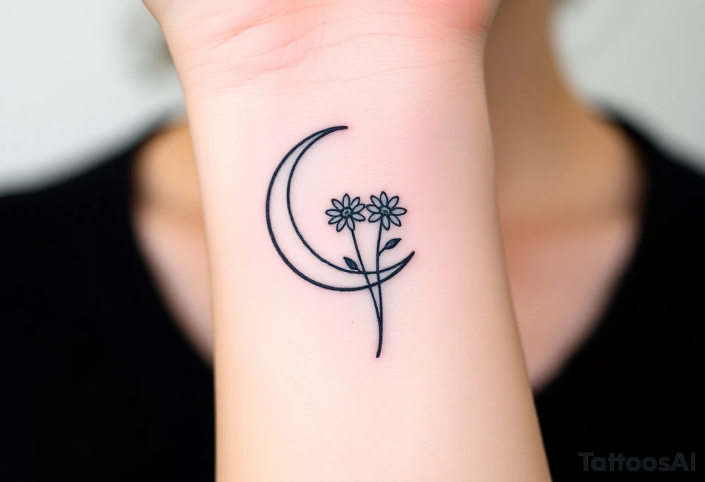 Small black and white tattoo waxing crescent moon with small Daisy birth flower and tiny Leo gliph tattoo idea