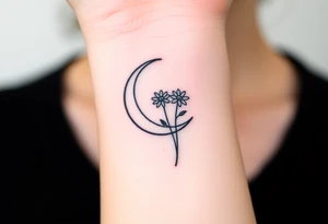 Small black and white tattoo waxing crescent moon with small Daisy birth flower and tiny Leo gliph tattoo idea