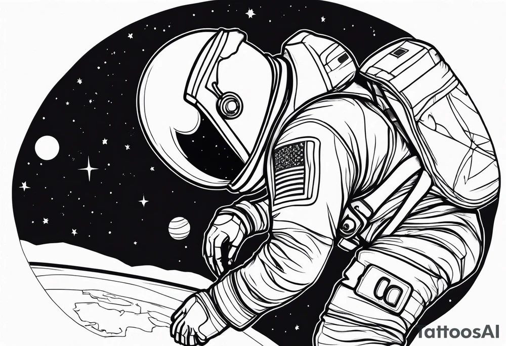 an astronaut hunched over in space from the back holding a planet tattoo idea